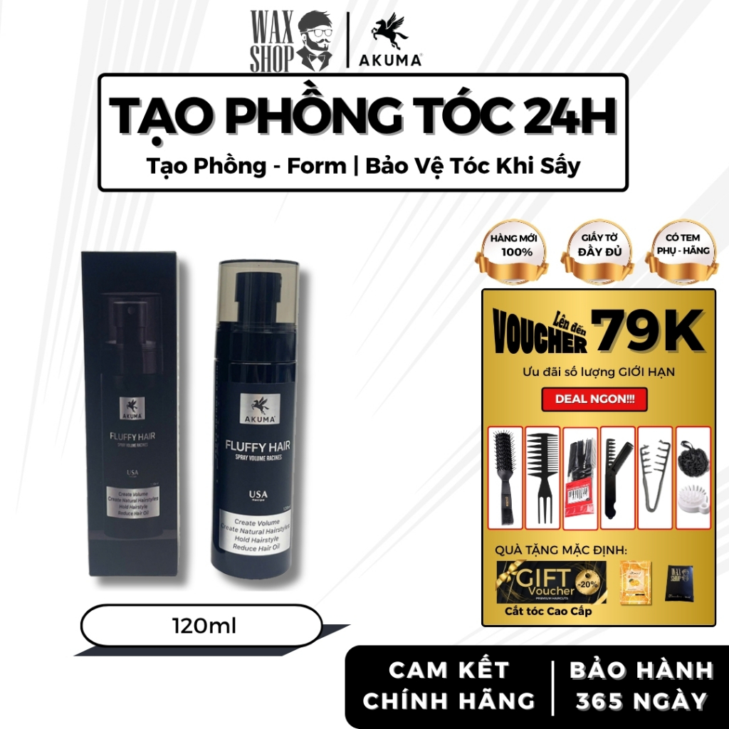 Chai xịt bồng bềnh làm phồng tóc Akuma Fluffy Hair 120ml chính hãng, hỗ trợ tạo kiểu, giữ nếp tóc