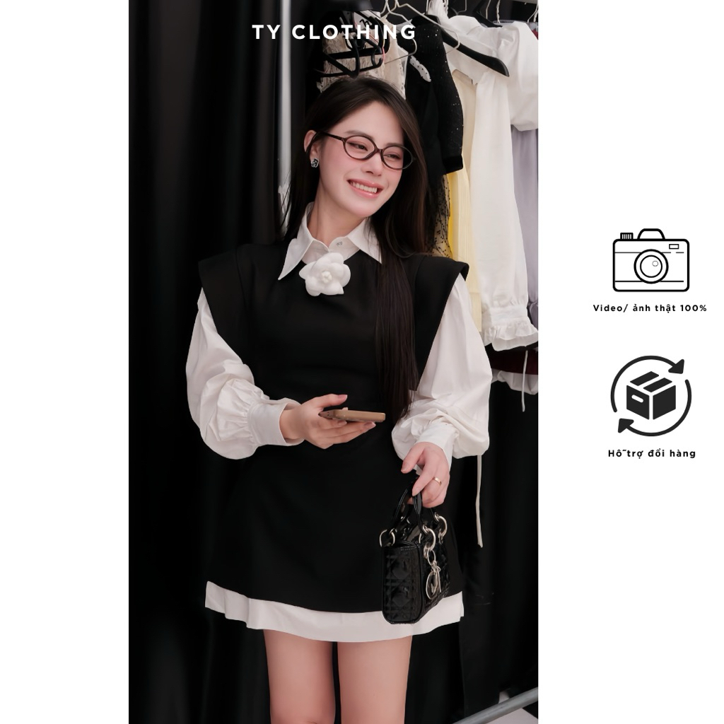 [ TY CLOTHING ] Set váy dạ phối hoa cài Màu Đen - Set 3 món - Hàng Thiết Kế - TY CLOTHING