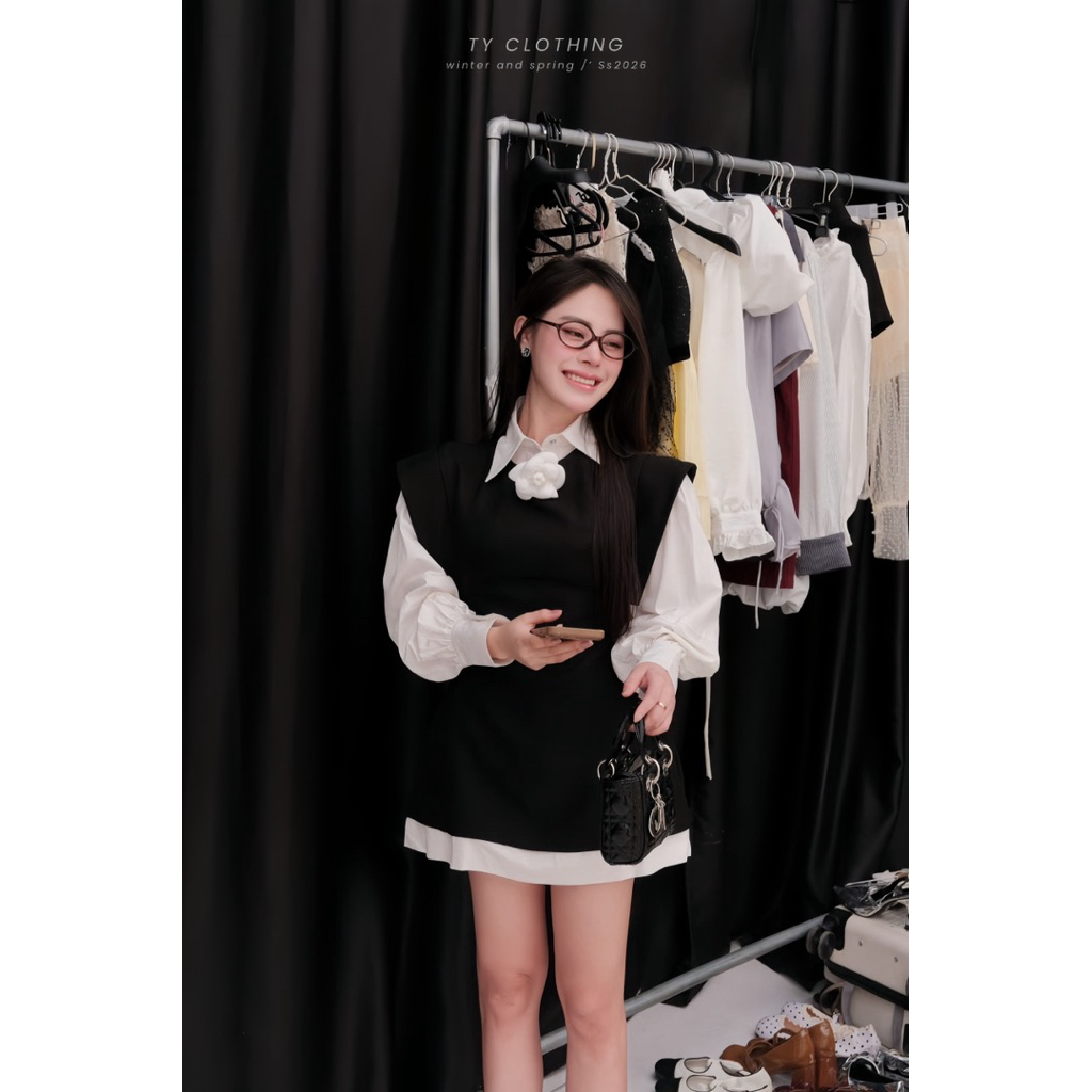 [ TY CLOTHING ] Set váy dạ phối hoa cài Màu Đen - Set 3 món - Hàng Thiết Kế - TY CLOTHING