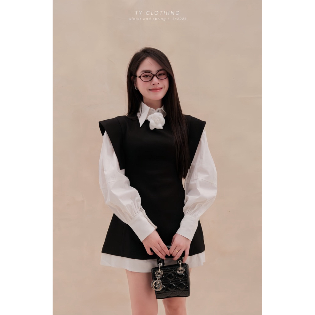 [ TY CLOTHING ] Set váy dạ phối hoa cài Màu Đen - Set 3 món - Hàng Thiết Kế - TY CLOTHING