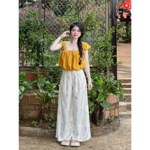 Set Bộ Mango Nữ Áo Bí Babydoll Thắt Nơ Vai Kèm Quần Suông Dài Họa Tiết Hoa Nhí Đi Chơi, Du Lịch Siêu Xinh