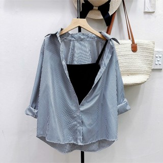Set Áo Cặp 2 Món Rời Bigsize Nữ Tay Dài Sơ Mi Kẻ Sọc Vải Lụa Hàn MềmThời Trang Năng Động SET(SM49+G118)