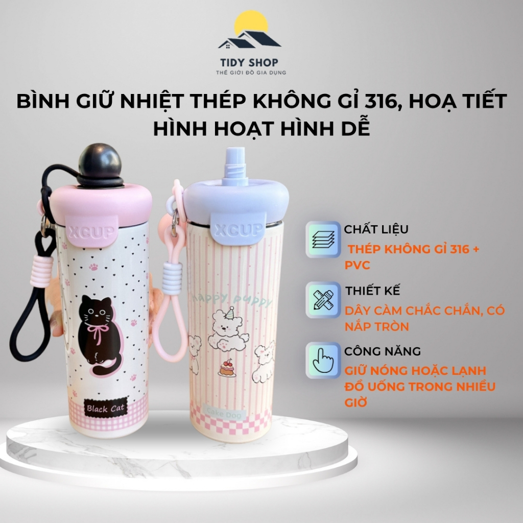 Bình Giữ Nhiệt Inox 316 Họa Tiết Hoạt Hình Dễ Thương Có Dây Đeo Nắp Tròn Tiện Lợi, TIDY SHOP