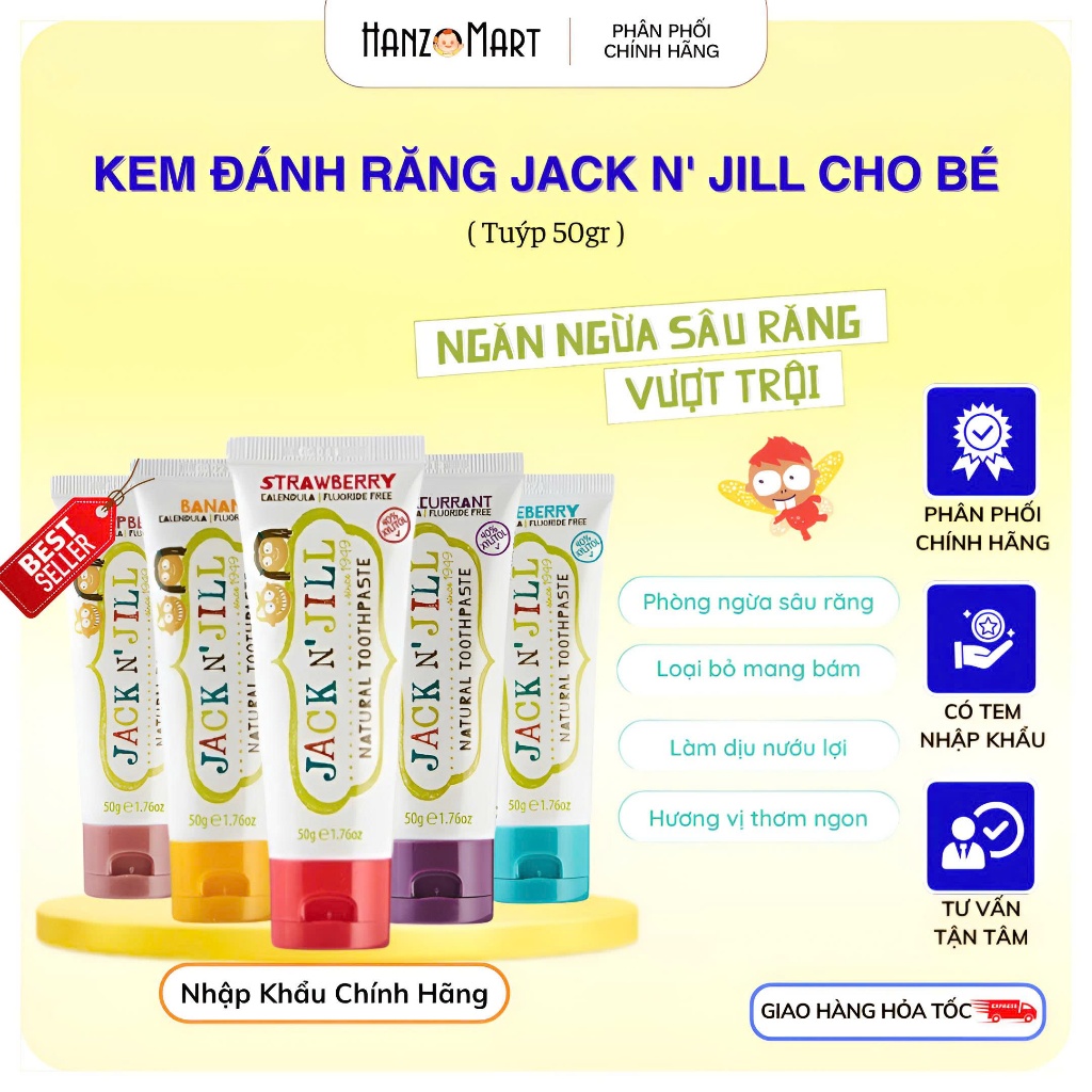 Kem đánh răng cho bé hữu cơ Jack N' Jill Úc Organic chính hãng, cho bé trên 6 tháng, có thể nuốt