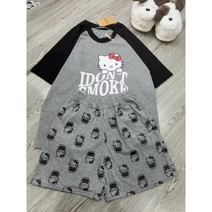 Sét Áo Japlang Hoạt Hình Mèo Kitty I Don't Smoke Phối Quần Đùi Hoạ Tiết In Kín 100% Chất Cotton Mịn