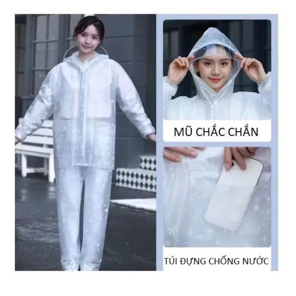 Bộ áo mưa hoa tuyết -áo chui đầu, Bộ áo mưa chất liệu cao cấp chống thấm tuyệt đối