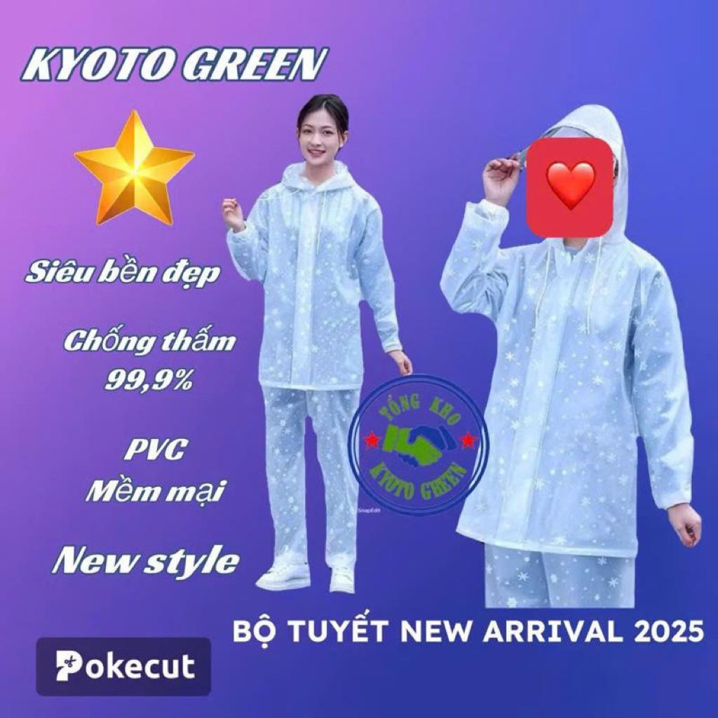 Bộ áo mưa hoa tuyết -áo chui đầu, Bộ áo mưa chất liệu cao cấp chống thấm tuyệt đối