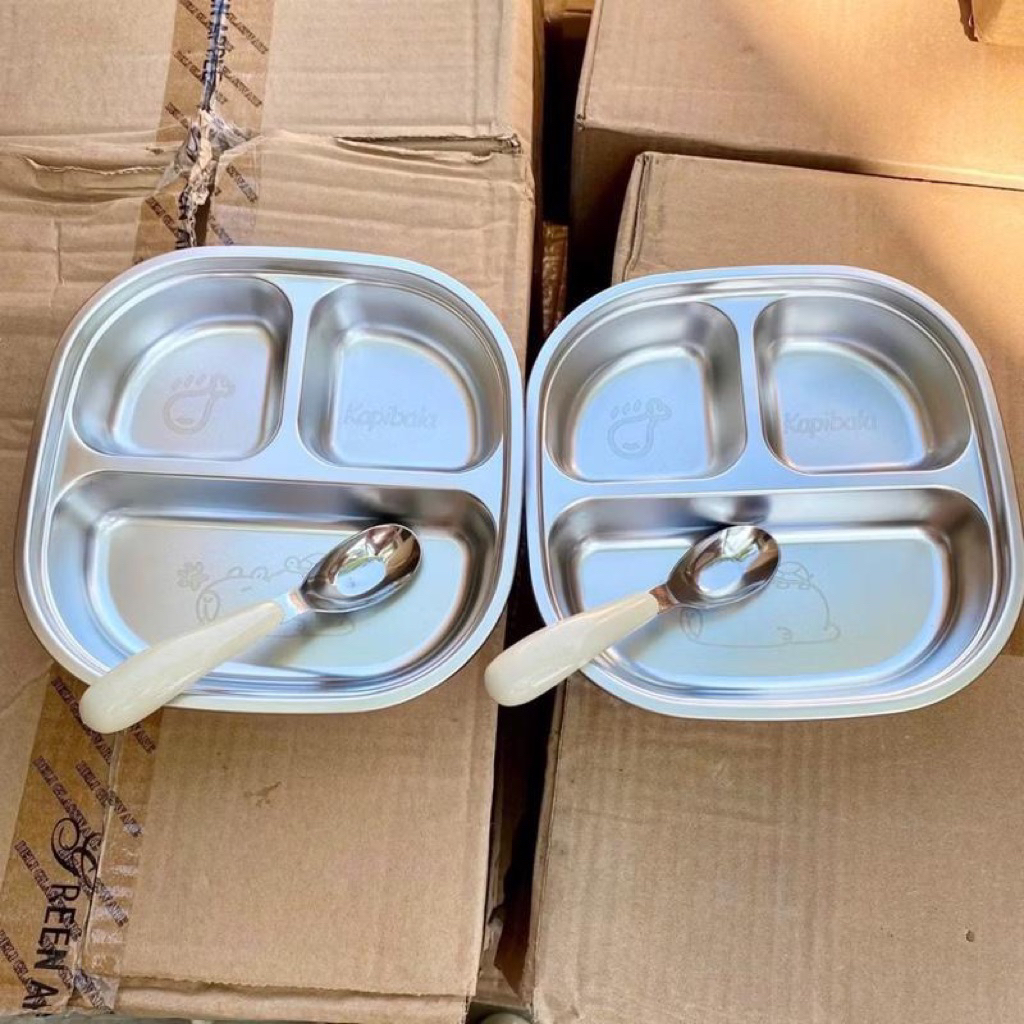 [Tặng thìa] Bộ khay ăn dặm inox Kapibala 304 kèm thìa – Đĩa ăn cho bé hình thú cute 3 ngăn mẫu mới