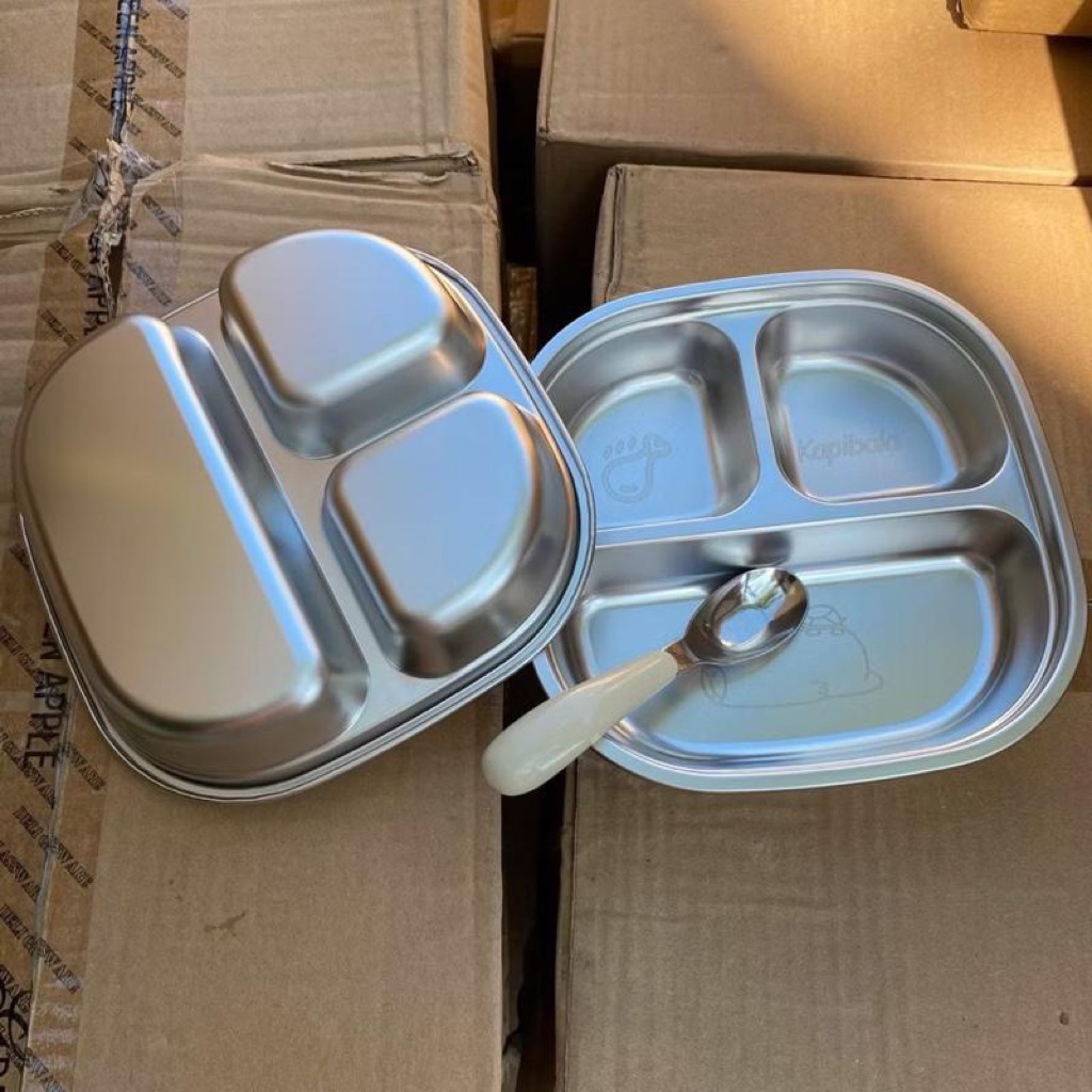 [Tặng thìa] Bộ khay ăn dặm inox Kapibala 304 kèm thìa – Đĩa ăn cho bé hình thú cute 3 ngăn mẫu mới
