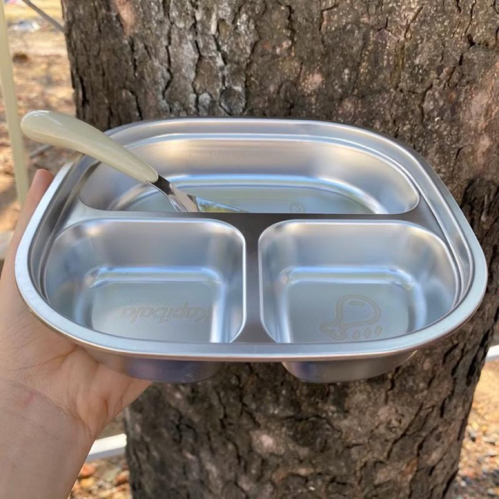 [Tặng thìa] Bộ khay ăn dặm inox Kapibala 304 kèm thìa – Đĩa ăn cho bé hình thú cute 3 ngăn mẫu mới