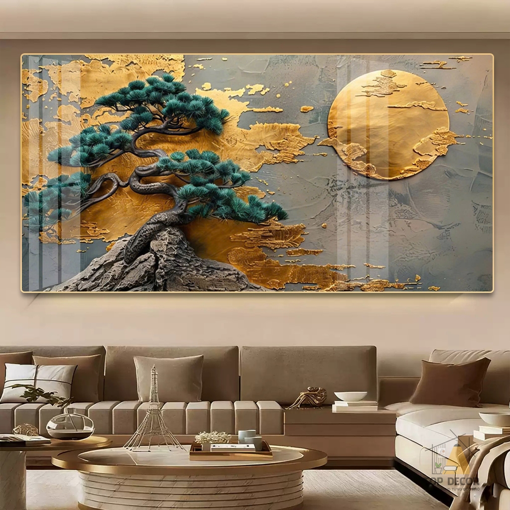 Tranh Phong Cảnh Thiên Nhiên Thủy Mặc, Tranh Sông Núi Sinh Tài Lộc Chất Liệu Tráng Gương - Tranh Treo Phòng Khách