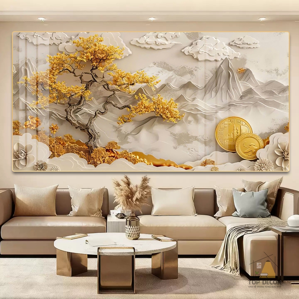 Tranh Phong Cảnh Thiên Nhiên Thủy Mặc, Tranh Sông Núi Sinh Tài Lộc Chất Liệu Tráng Gương - Tranh Treo Phòng Khách