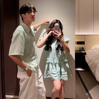 Set đôi xanh mint váy nữ dáng babydoll mox áo sơ mi màu pastel nhẹ nhàng tươi mát dày dặn dễ thương - Baotrang.clothes