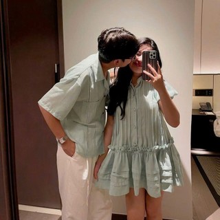 Set đôi xanh mint váy nữ dáng babydoll mox áo sơ mi màu pastel nhẹ nhàng tươi mát dày dặn dễ thương - Baotrang.clothes