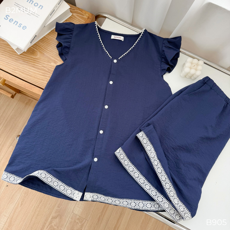 Bộ Pijama Bầu Đũi Mềm Tay Cánh Tiên Phối Viền Ren – Bộ Mặc Nhà Suông Mềm Mát Cho Mẹ Bầu & Sau Sinh Driff Set B905 B2MUM