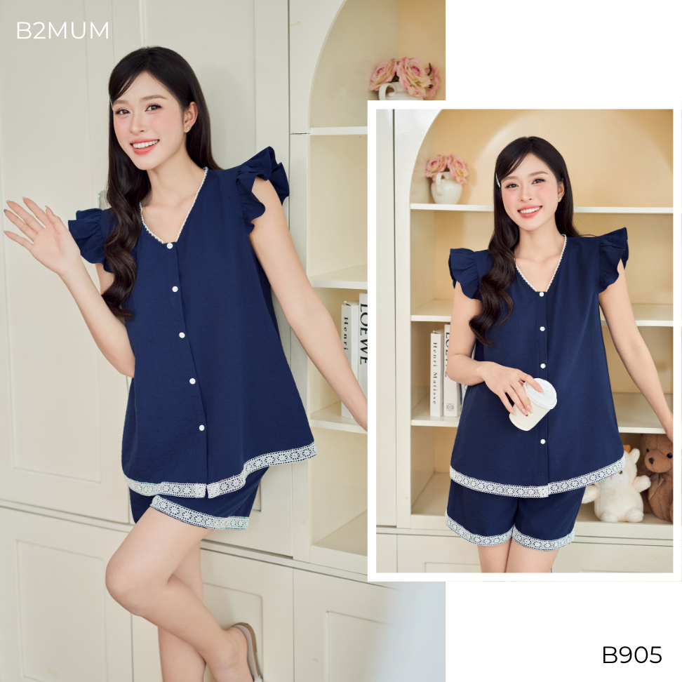 Bộ Pijama Bầu Đũi Mềm Tay Cánh Tiên Phối Viền Ren – Bộ Mặc Nhà Suông Mềm Mát Cho Mẹ Bầu & Sau Sinh Driff Set B905 B2MUM