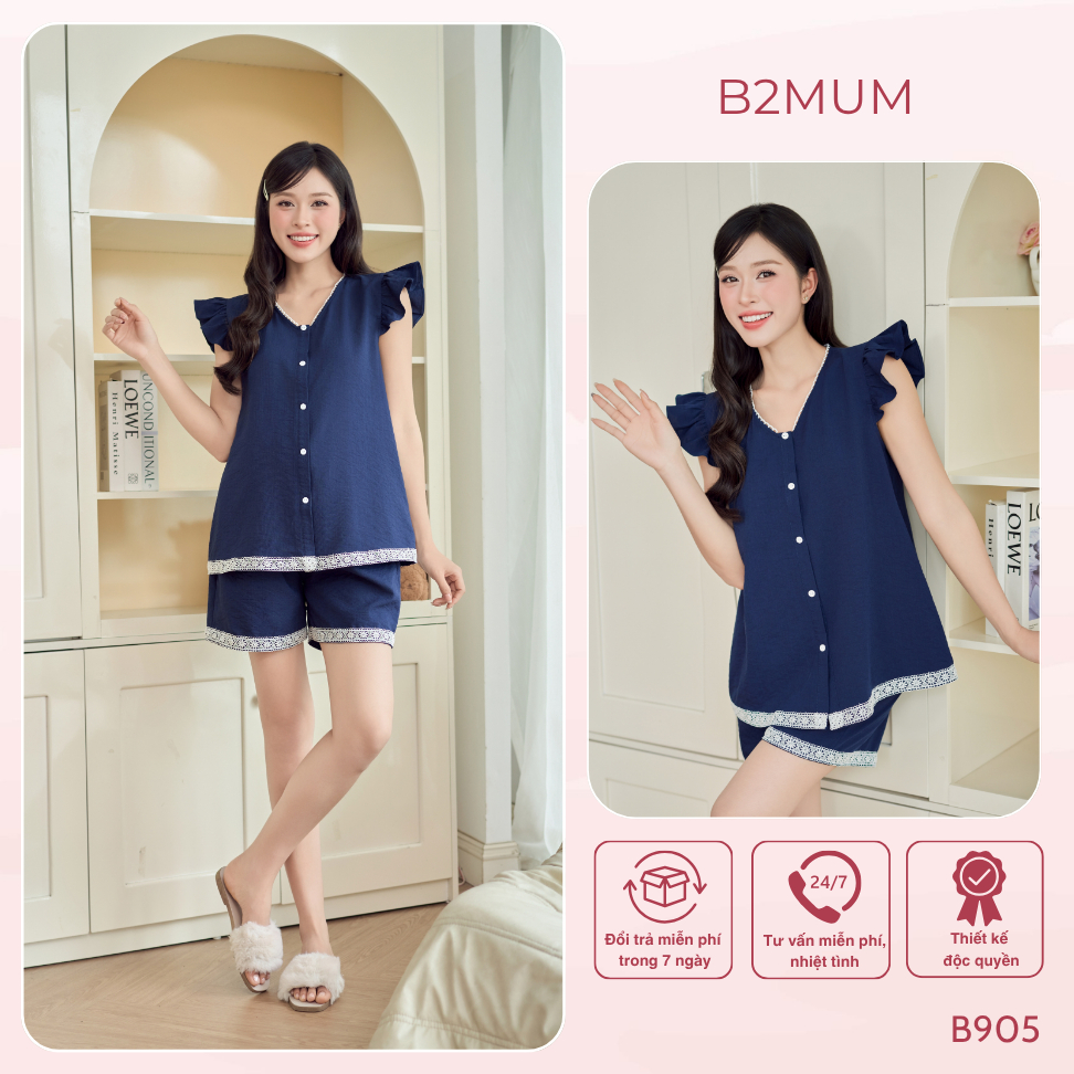Bộ Pijama Bầu Đũi Mềm Tay Cánh Tiên Phối Viền Ren – Bộ Mặc Nhà Suông Mềm Mát Cho Mẹ Bầu & Sau Sinh Driff Set B905 B2MUM