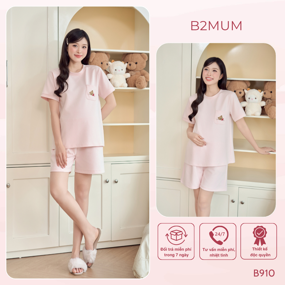 Bộ Bầu Cotton Hồng Pastel In Gấu Ngực – Đồ Bộ Mặc Nhà Mềm Mịn Dáng Suông Thoải Mái Cho Mẹ Bầu & Sau Sinh Mellow Set B910
