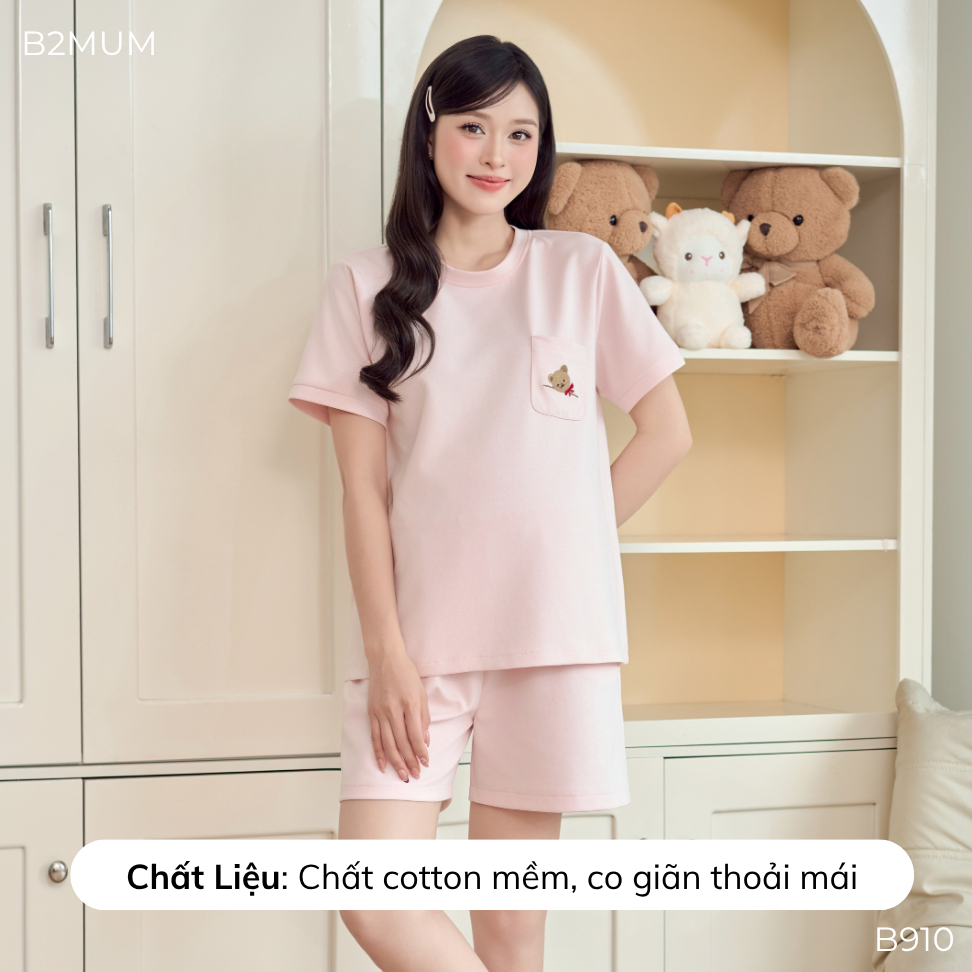 Bộ Bầu Cotton Hồng Pastel In Gấu Ngực – Đồ Bộ Mặc Nhà Mềm Mịn Dáng Suông Thoải Mái Cho Mẹ Bầu & Sau Sinh Mellow Set B910