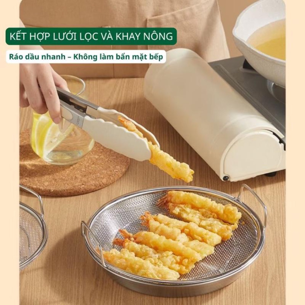 Set khay đĩa kèm vỉ lưới lọc dầu inox 304 ráo dầu nhanh, dùng chiên rán – hấp – rửa thực phẩm