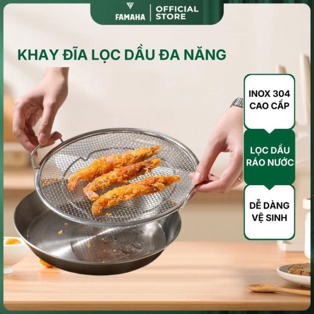 Set khay đĩa kèm vỉ lưới lọc dầu inox 304 ráo dầu nhanh, dùng chiên rán – hấp – rửa thực phẩm