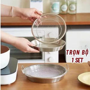 Set khay đĩa kèm vỉ lưới lọc dầu inox 304 ráo dầu nhanh, dùng chiên rán – hấp – rửa thực phẩm