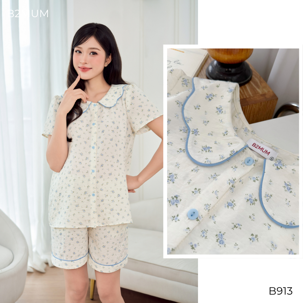 Bộ Pijama Bầu Đũi Hoa Nhí Quần Sooc – Bộ Mặc Nhà Mềm Mát Dáng Suông Cho Mẹ Bầu & Sau Sinh B913 B2MUM
