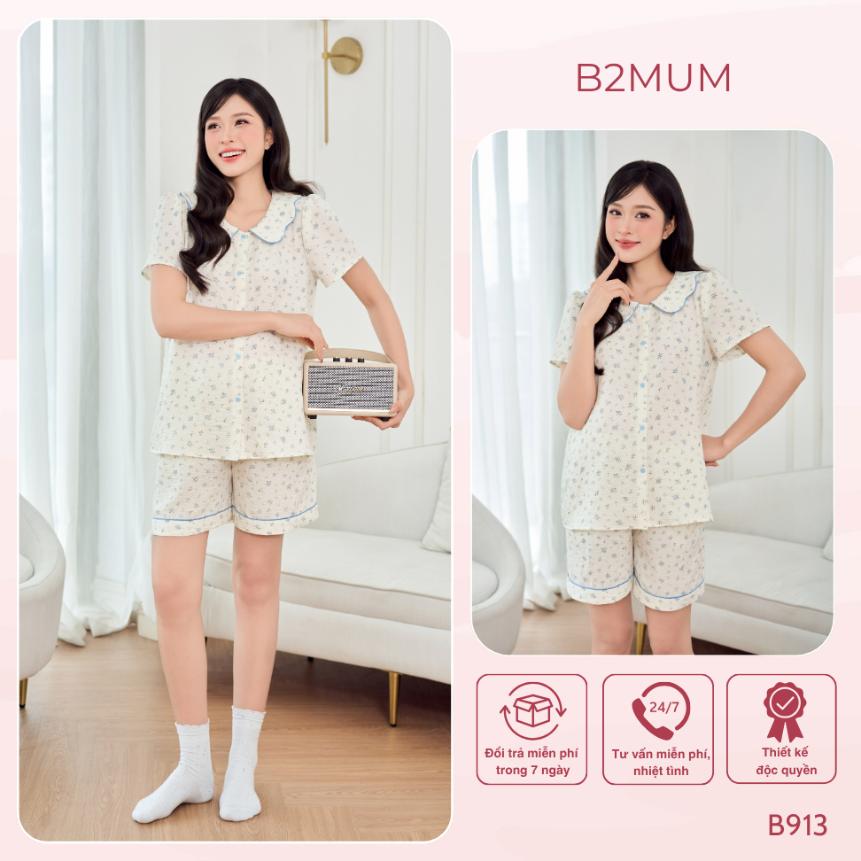 Bộ Pijama Bầu Đũi Hoa Nhí Quần Sooc – Bộ Mặc Nhà Mềm Mát Dáng Suông Cho Mẹ Bầu & Sau Sinh B913 B2MUM