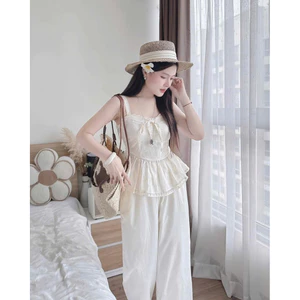 Set Áo Kiểu Nữ Hai Dây Xoè Tầng Hở Lưng Thắt Dây Nơ Phối Ren Hotrend Sang Chảnh Đi Chơi Biển