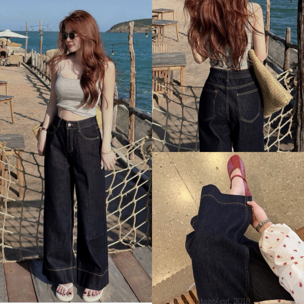 Quần Jean Nữ Ống Suông Gấu Thêu Nổi, Quần Bò Nữ Xanh Than Denim Hack Dáng Cho Nấm Lùn Dài 95cm #8499