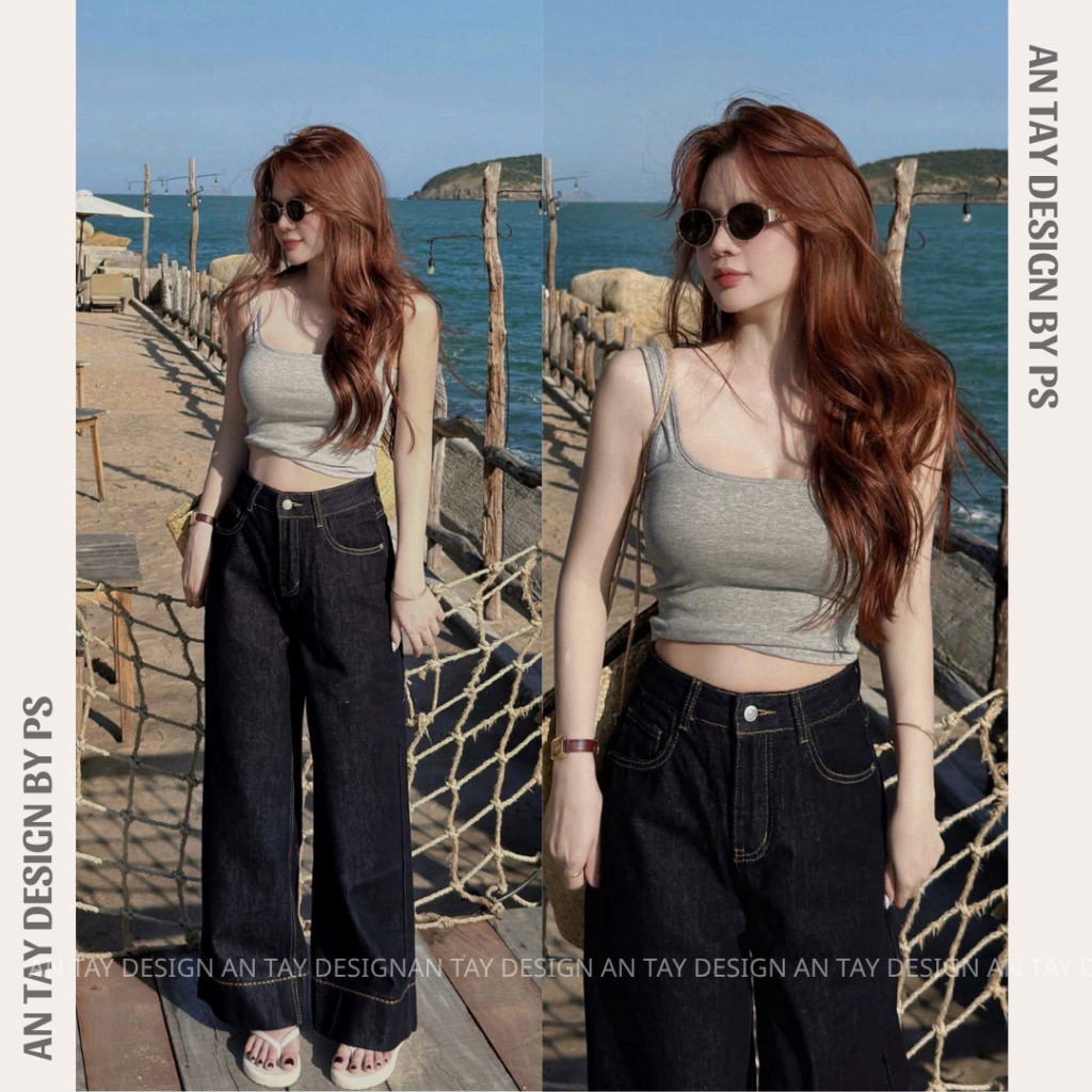 Quần Jean Nữ Ống Suông Gấu Thêu Nổi, Quần Bò Nữ Xanh Than Denim Hack Dáng Cho Nấm Lùn Dài 95cm #8499