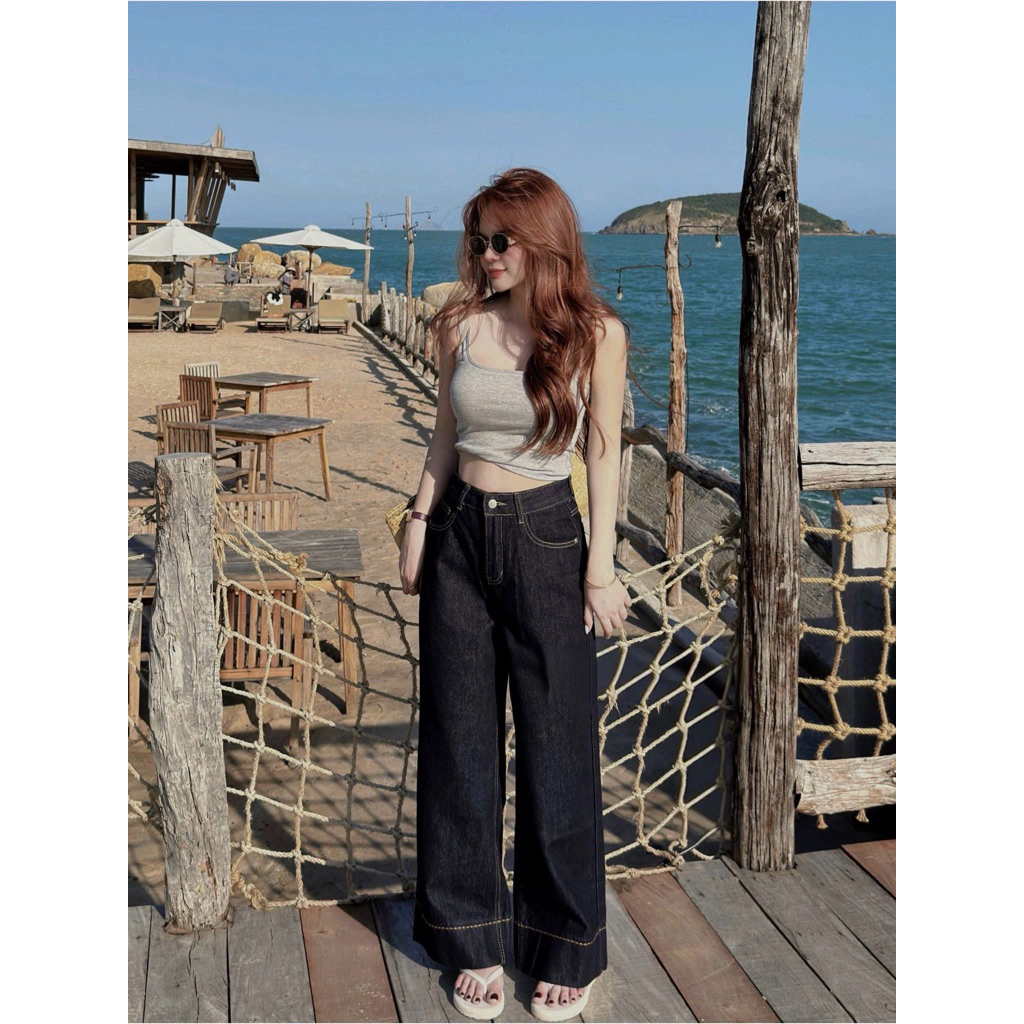 Quần Jean Nữ Ống Suông Gấu Thêu Nổi, Quần Bò Nữ Xanh Than Denim Hack Dáng Cho Nấm Lùn Dài 95cm #8499