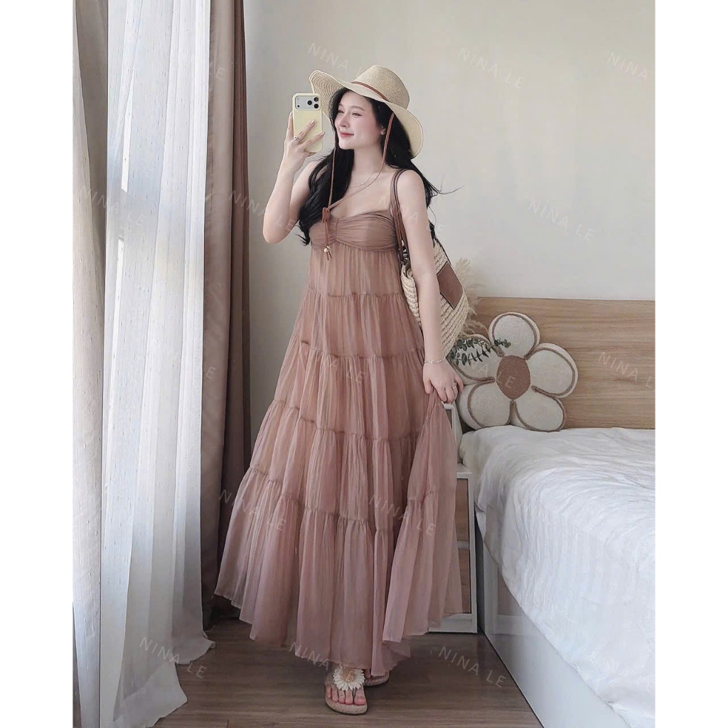 [ BKN 924 ] Đầm MAXi TƠ GÃY tầng hai lớp có mút ngực dài xoè to chuẩn hình cao cấp HAN,T SHOP