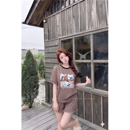 Set bộ mèo Kitty phối quần bèo vải rip coton kẻ siêu mát