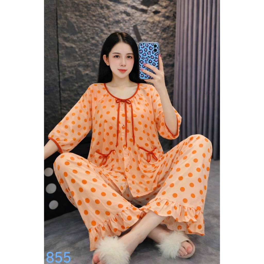 Đồ Bộ Tole Lanh Nữ Dài Tay 2 Túi Mặc Nhà Dễ Thương, Đồ Ngủ Cotton