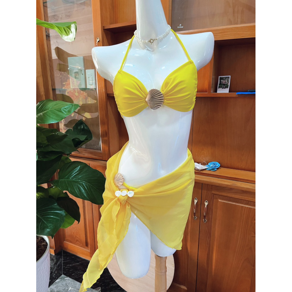 Tina bikini set 3 mảnh sò + khăn +CV phối sẵn màu sắc đẹp ,chất vải thun lạnh
