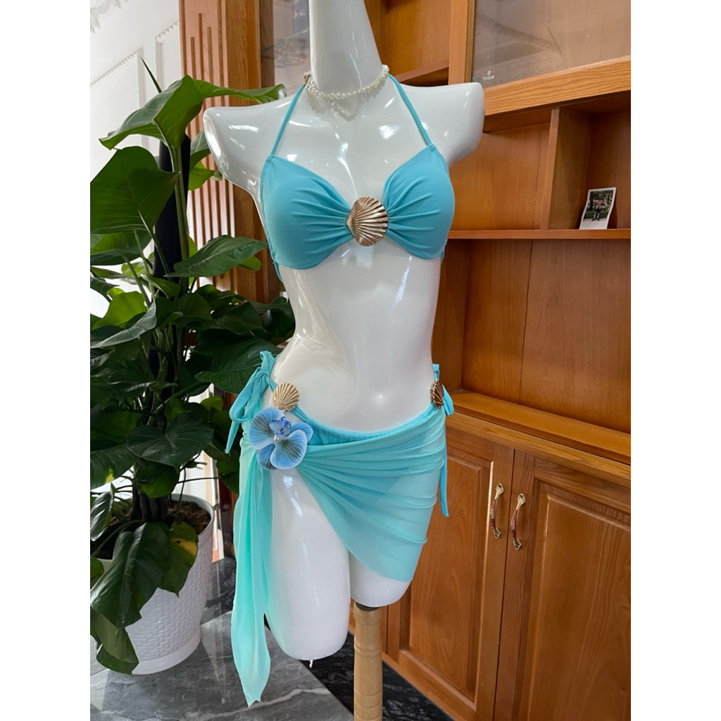 Tina bikini set 3 mảnh sò + khăn +CV phối sẵn màu sắc đẹp ,chất vải thun lạnh