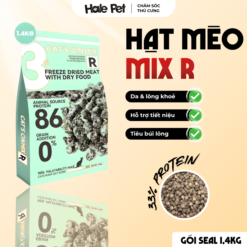 [SEAL 1.4KG] Hạt cho mèo CAT'S ON MIX R - Đạm 33%, Phủ ruốc gà, Hạt không độn ngũ cốc, Tiêu búi lông