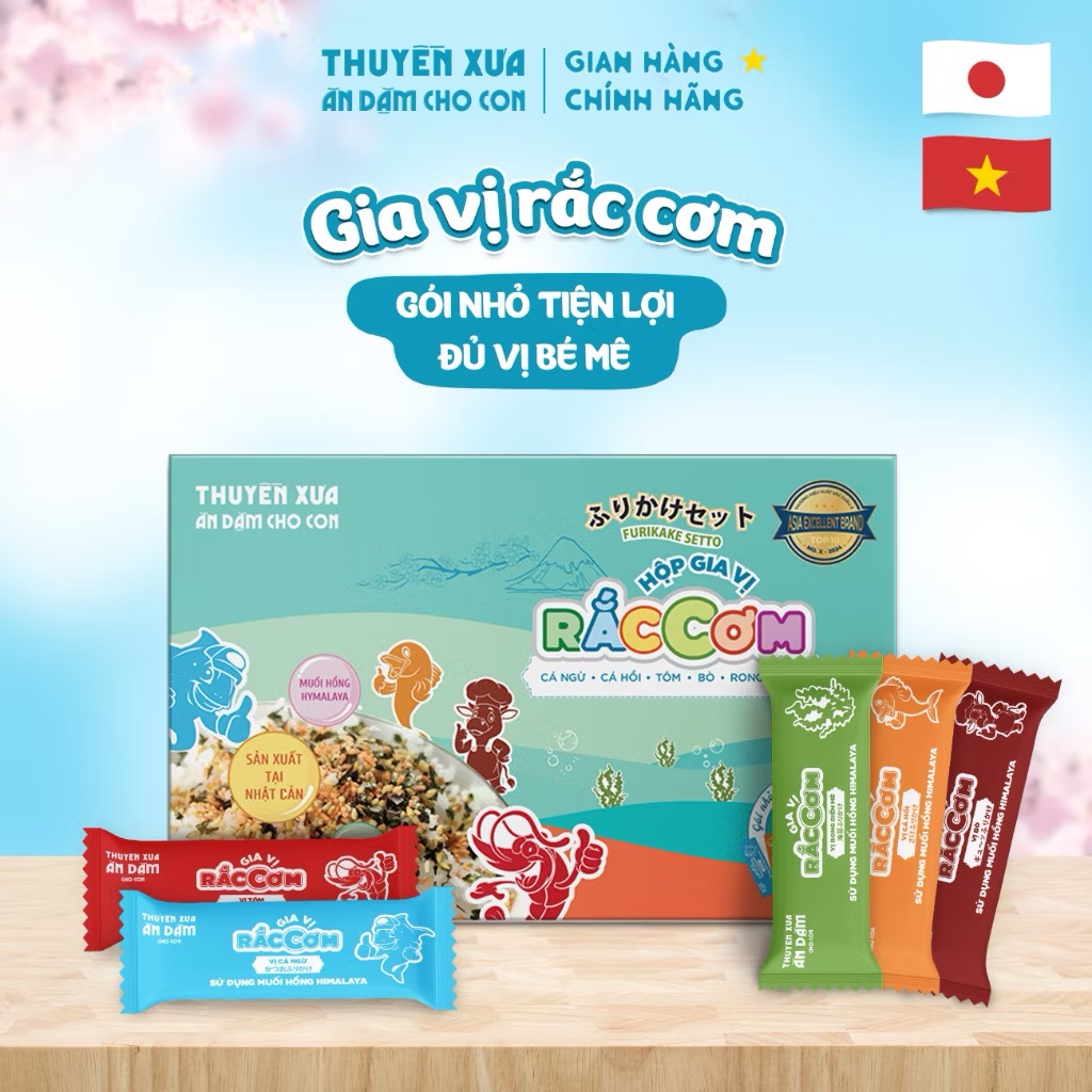Gia vị rắc cơm Thuyền Xưa cho bé ăn dặm từ 1 tuổi. Đủ vị 19g và 30g. Nguyên liệu tự nhiên an toàn
