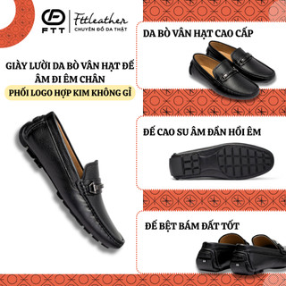 Giày da bò nam vân hạt dáng lười họa tiết logo FTT Leather đế chống trơn trượt cao cấp F77640