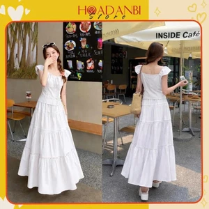 Set Váy Maxi 2 Dây Form Xòe Hàng 2 Lớp Chun Nhúm Ngực, Set Váy Viền Bèo Váy Đi Biển, Du Lịch