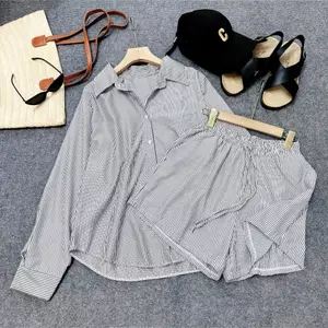 Set Kẻ Sọc Bigsize Nữ Áo Sơ Mi Kèm Quần Đùi Lưng Cao Lên Phom Xinh Xắn Dễ Thương SET974