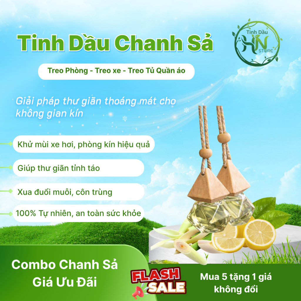 Combo Tinh Dầu Thơm Phòng Hương Chanh Sả 10ml Khử Mùi Thư Giãn Treo Xe Treo Phòng: Thơm Phòng, Thơm Xe, Đuổi Côn Trùng.