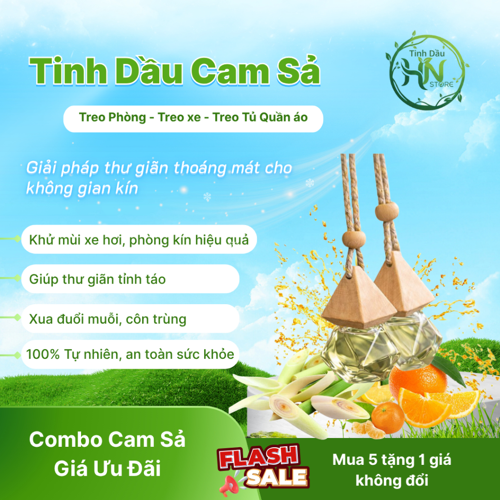 Combo Tinh Dầu Thơm Phòng Hương Chanh Sả 10ml Khử Mùi Thư Giãn Treo Xe Treo Phòng: Thơm Phòng, Thơm Xe, Đuổi Côn Trùng.