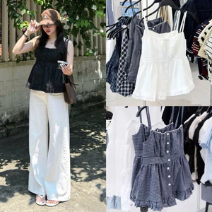 Áo 2 dây summer bèo kẻ caro nút hoa LILI TOP