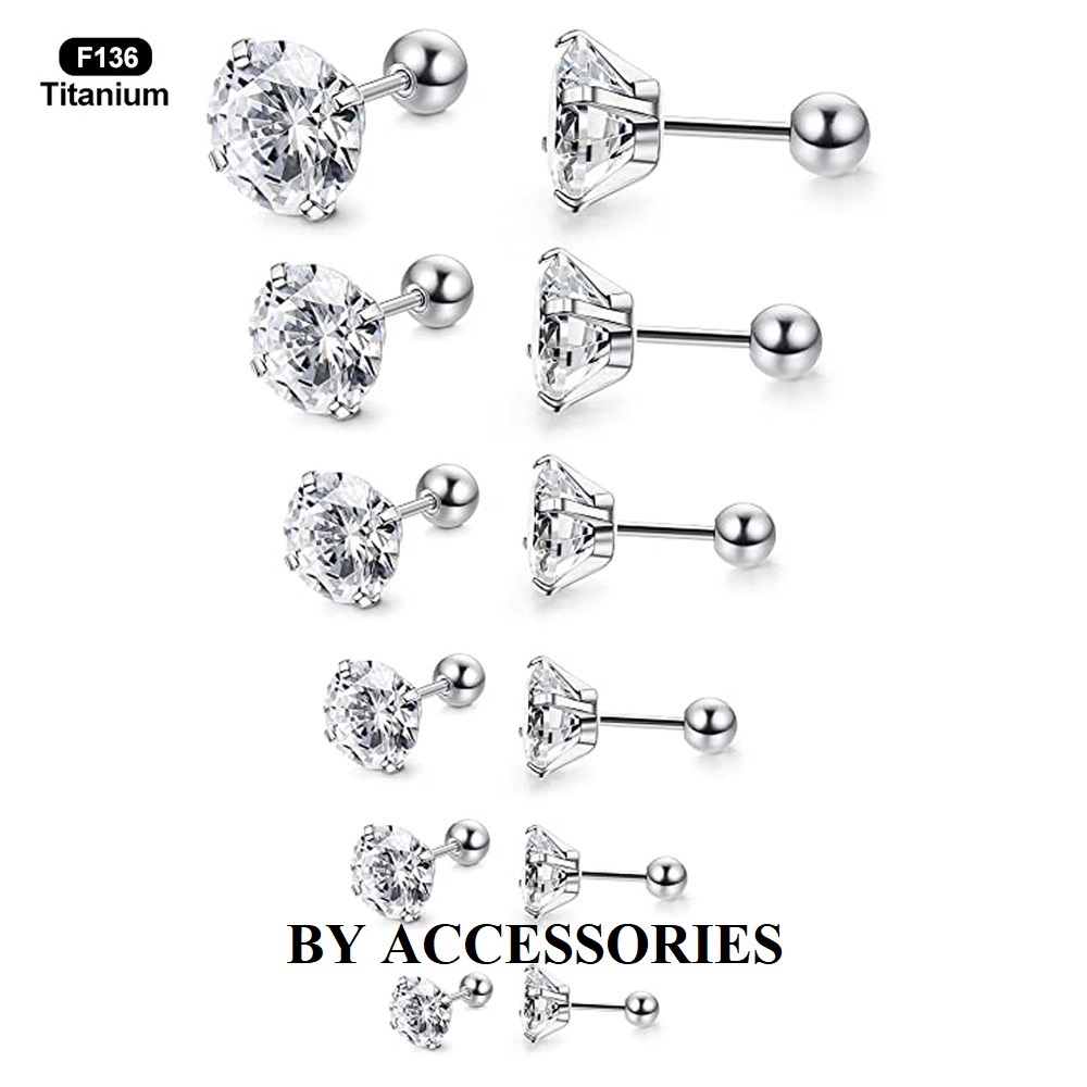 Bông tai titanium nguyên chất khảm đá tròn lấp lánh không gỉ nhiều size ZE2608 BY ACCESSORIES (Tặng thêm chuôi khuyên)