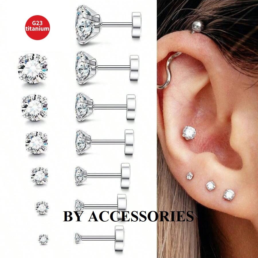 Bông tai titanium nguyên chất khảm đá tròn lấp lánh không gỉ nhiều size ZE2608 BY ACCESSORIES (Tặng thêm chuôi khuyên)