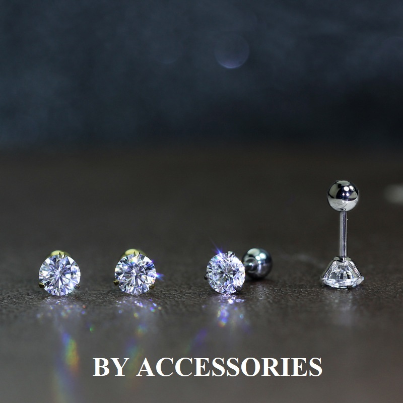 Bông tai titanium nguyên chất khảm đá tròn lấp lánh không gỉ nhiều size ZE2608 BY ACCESSORIES (Tặng thêm chuôi khuyên)