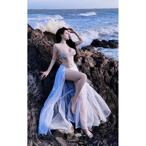 Set bikini áo bra ngọc chân váy maxi tơ