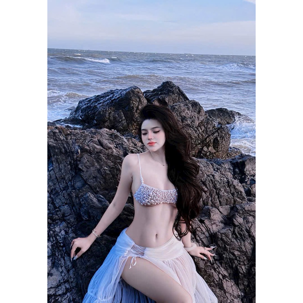 Set bikini áo bra ngọc chân váy maxi tơ